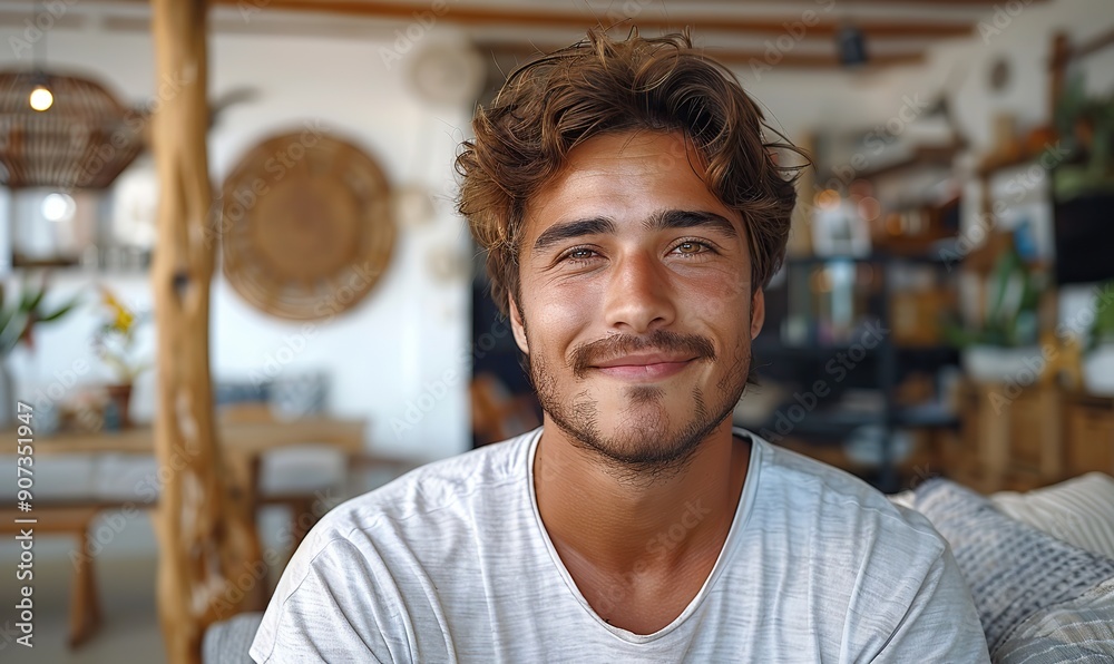 A joyful Hispanic millennial man is making a video call at home, capturing a selfie with a smile, as part of his vlogging and social media activities. A joyful Hispanic millennial man is making a video call at home, capturing a selfie with a smile, as part of his vlogging and social media activities.