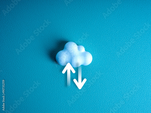 Wallpaper Mural Cloud computing infrastructure technology, data system storage service concept. Upload and download icon, arrows sign on white small cloud with network grid pattern on blue background, minimal style. Torontodigital.ca