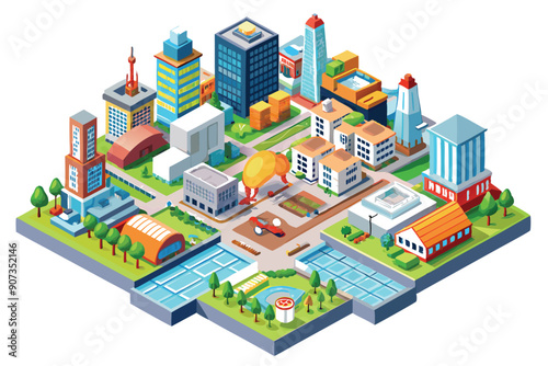 Isometric Illustration of a Modern Cityscape with Buildings and Parks