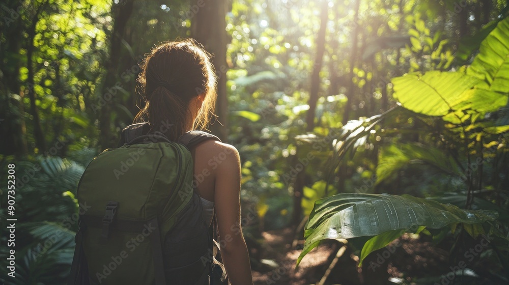 Woman Hiking Through Lush Green Forest Woman Hiking Through Lush Green Forest