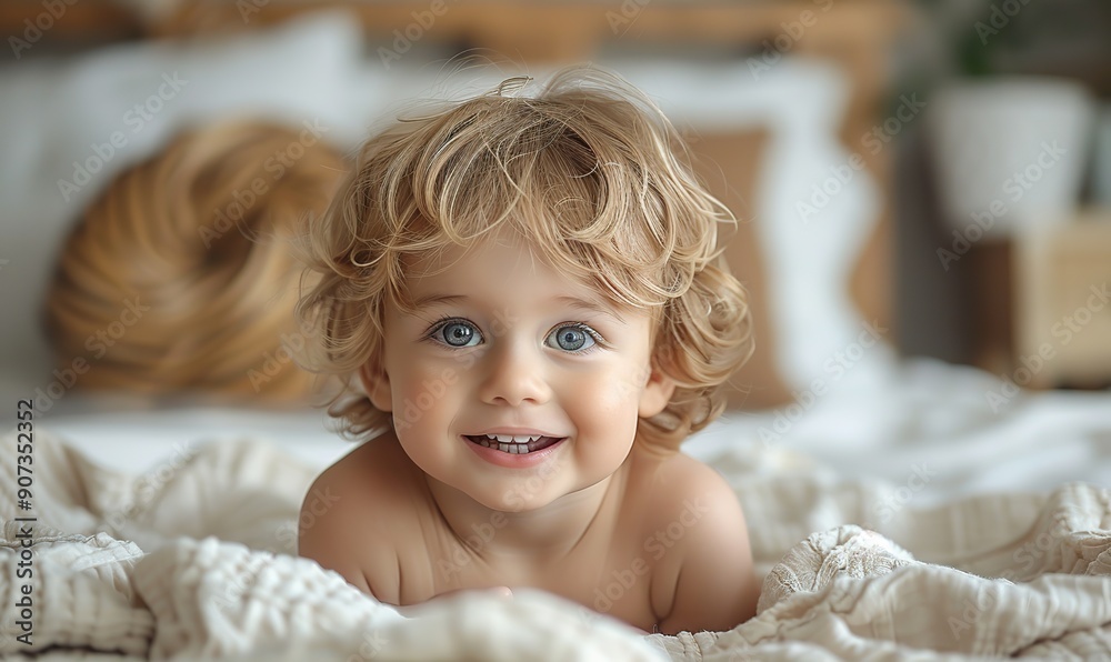 A laughing little boy is playing on the bed at home, enjoying his time. A laughing little boy is playing on the bed at home, enjoying his time.