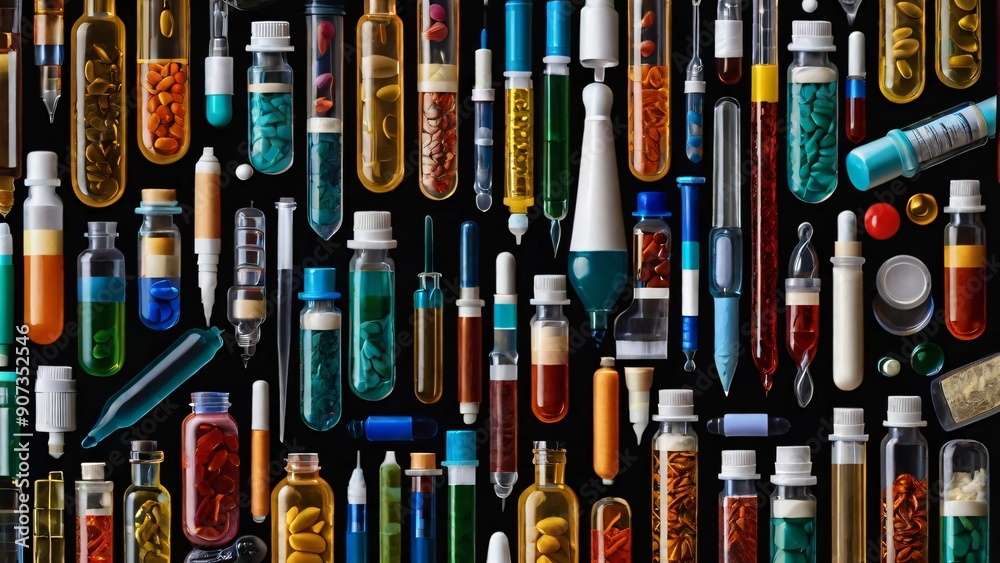 Depicting a stunning array of pharmaceutical paraphernalia, the image showcases a multitude of tablets, capsules, ampoules, vials, test tubes, syringes, and vaccines. Depicting a stunning array of pharmaceutical paraphernalia, the image showcases a multitude of tablets, capsules, ampoules, vials, test tubes, syringes, and vaccines.