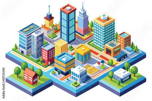 Isometric Illustration of a Vibrant Cityscape with Buildings and Trees