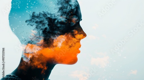 Double exposure of a painter in action, overlaid with vibrant, abstract patterns, merging the artist's brush strokes with imaginative landscapes