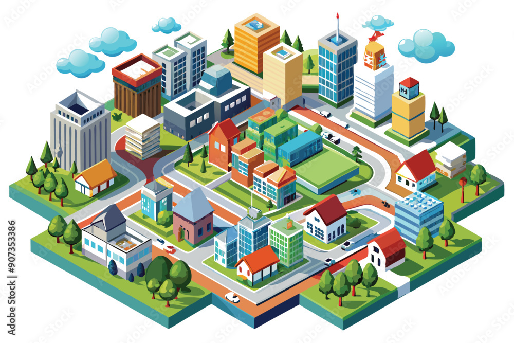 Isometric View of a Diverse Cityscape with Buildings, Trees, and Vehicles Isometric View of a Diverse Cityscape with Buildings, Trees, and Vehicles