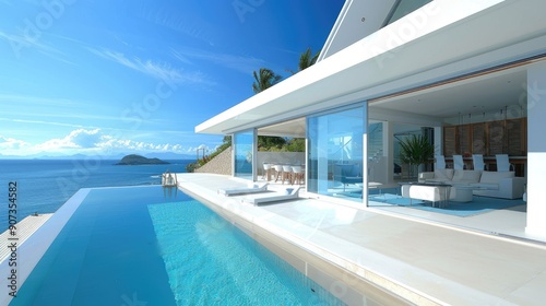 A luxurious beachfront villa with a sleek white design, large sliding glass doors, and a private infinity pool overlooking the ocean. photo