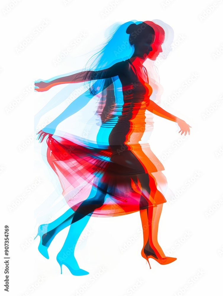 Creative double exposure of salsa dancers, merging their dance with abstract colors and patterns, highlighting the artistry and technique of their movements Creative double exposure of salsa dancers, merging their dance with abstract colors and patterns, highlighting the artistry and technique of their movements