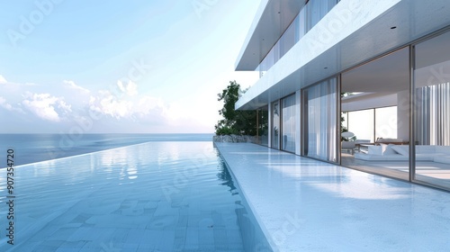 A luxurious beachfront villa with a sleek white design, large sliding glass doors, and a private infinity pool overlooking the ocean.