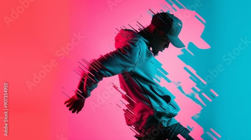 Double exposure of a hip-hop choreographer with a cap, integrating their dance silhouettes with abstract, vivid urban backgrounds and shapes photo