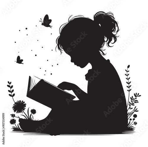 A child boy girl reading silhouette isolated on background.