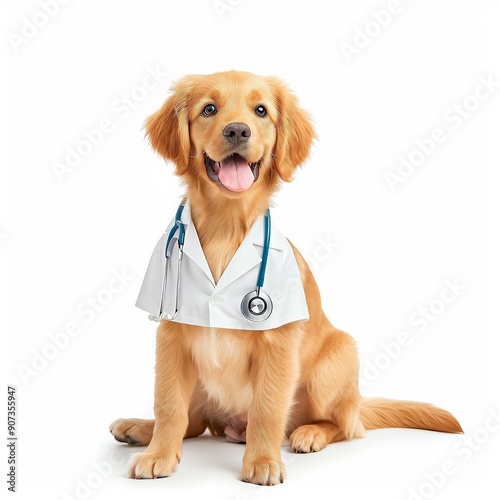 Adorable golden retriever puppy dressed as a veterinarian with stethoscope on white background. photo