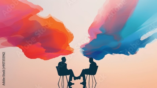 A therapist and client in deep conversation, their silhouettes merged with abstract art and colorful overlays, visualizing the power of therapy