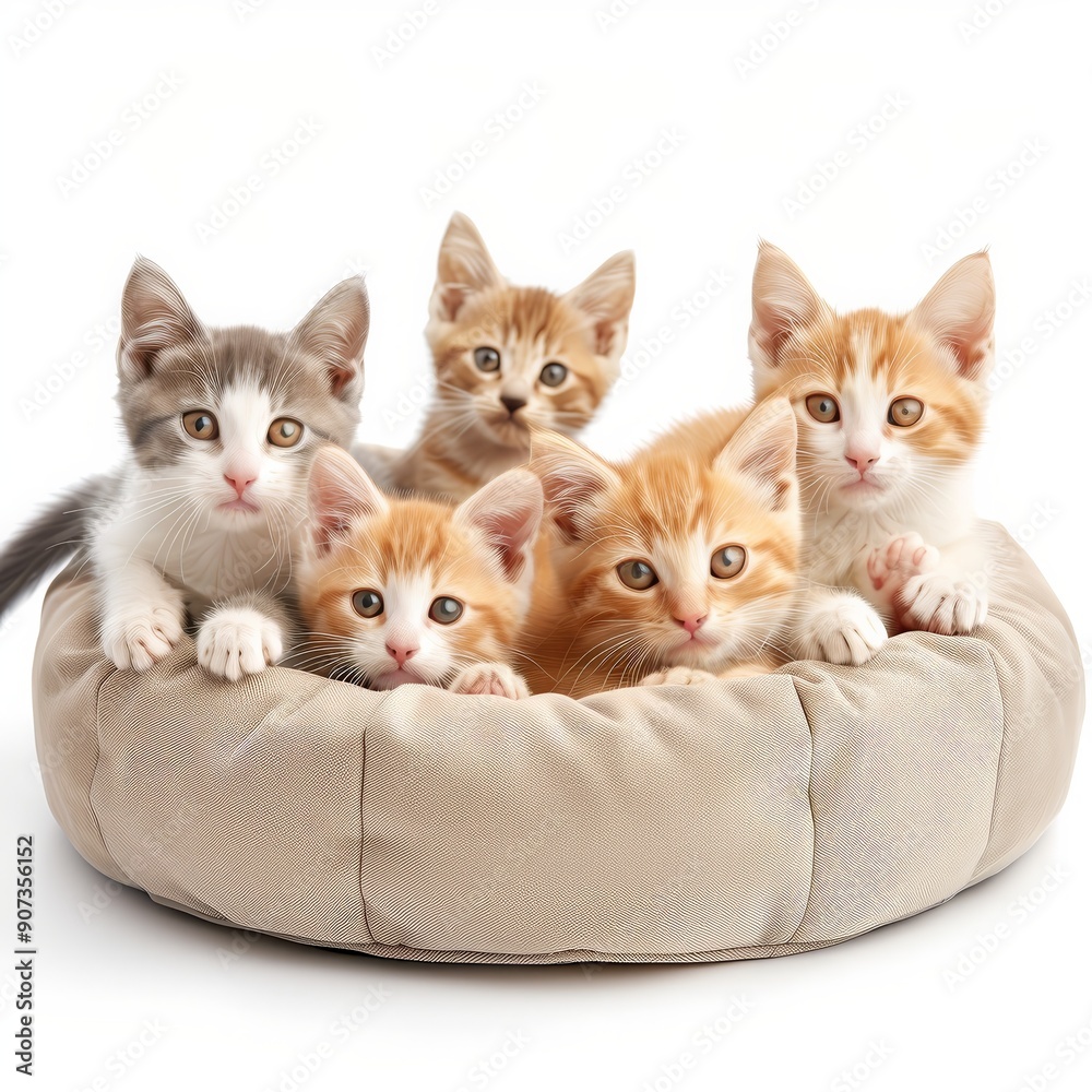 Adorable group of kittens sitting in a cozy pet bed, showcasing their cute and playful nature, perfect for cat lovers and pet enthusiasts.