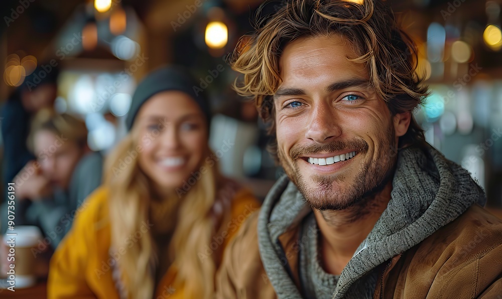 A content man is enjoying a cappuccino at a caf� bar, with young people having fun, meeting for a coffee break, students clinking cups and smiling in a college caf�, celebrating a happy lifestyle. A content man is enjoying a cappuccino at a caf� bar, with young people having fun, meeting for a coffee break, students clinking cups and smiling in a college caf�, celebrating a happy lifestyle.
