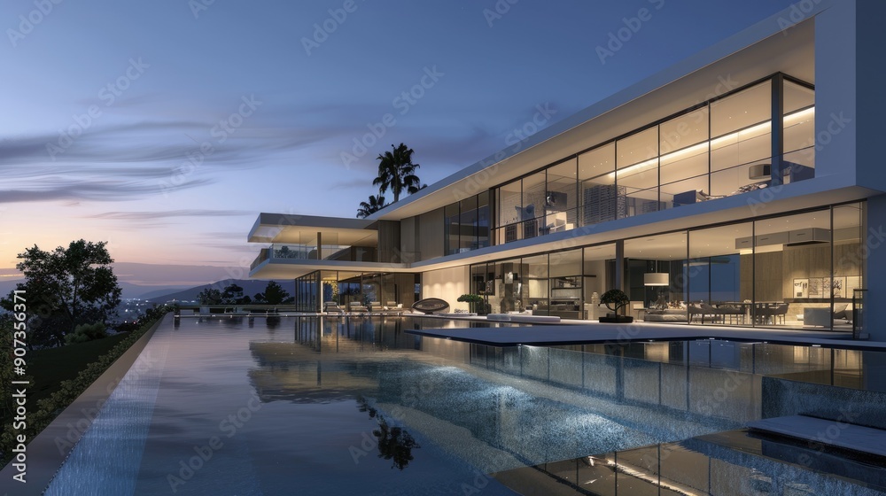 A luxurious modern estate with a sprawling design, large glass walls, and a stunning infinity pool with integrated LED lighting. A luxurious modern estate with a sprawling design, large glass walls, and a stunning infinity pool with integrated LED lighting.