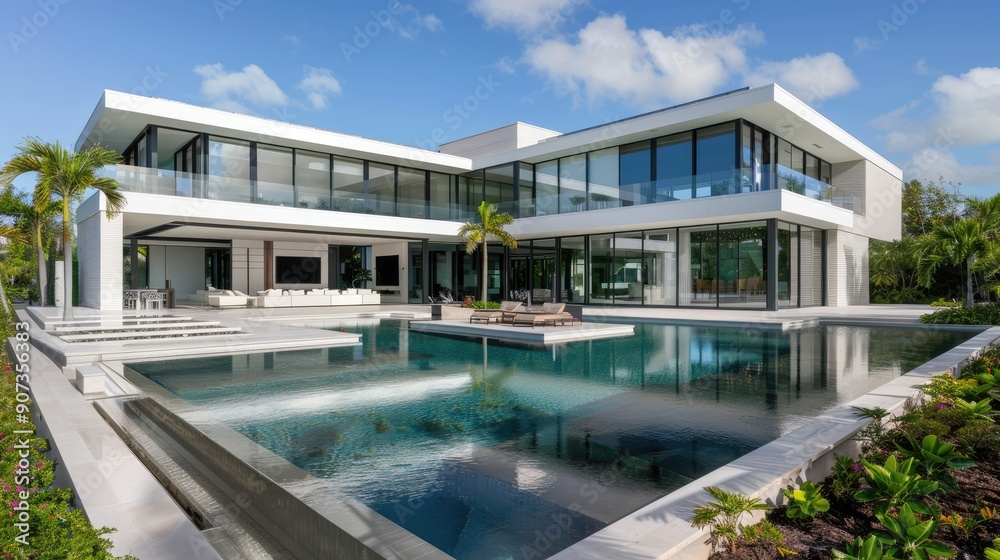 Fototapeta premium A luxurious modern estate with a white stucco exterior, expansive glass walls, and a large, infinity-edge pool surrounded by lush landscaping.