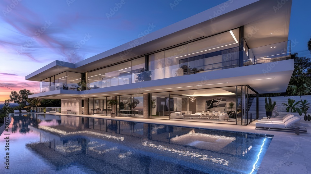 Fototapeta premium A luxurious modern estate with a sprawling design, large glass walls, and a stunning infinity pool with integrated LED lighting.
