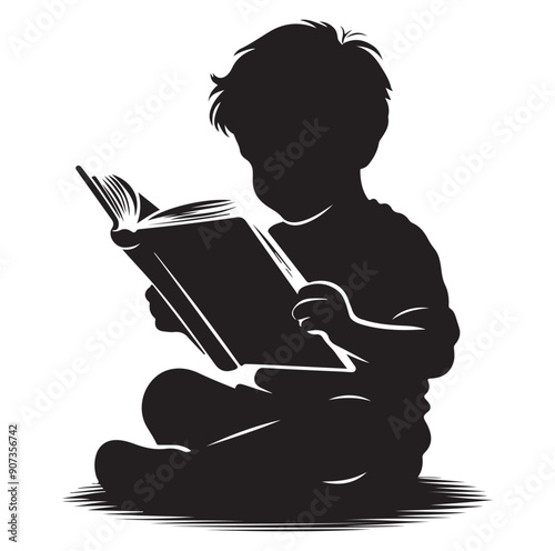 A child boy girl reading silhouette isolated on background.