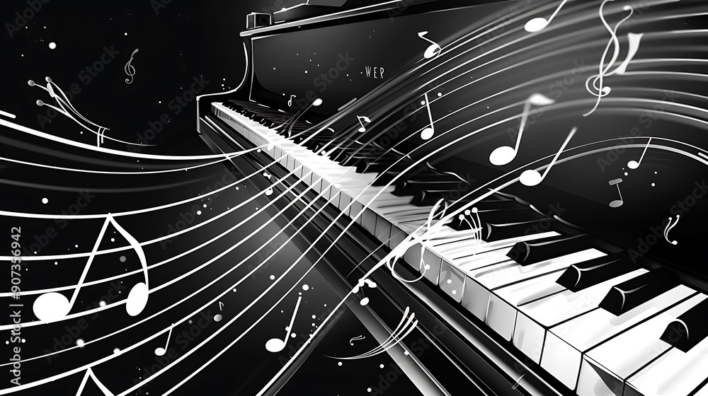 Black and White illustration of a piano with musical notes floating around it, evoking a sense of musicality and creativity. Black and White illustration of a piano with musical notes floating around it, evoking a sense of musicality and creativity.