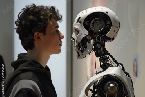 A woman and a robot gaze at each other in a high-tech environment, A robot and a human engaged in conversation, AI generated