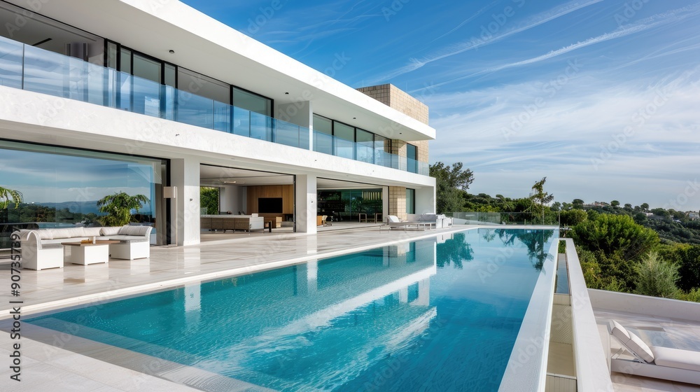 A luxurious modern villa with a white exterior, infinity pool, and floor-to-ceiling windows offering panoramic views of the surrounding landscape. A luxurious modern villa with a white exterior, infinity pool, and floor-to-ceiling windows offering panoramic views of the surrounding landscape.