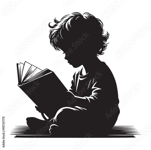 A child boy girl reading silhouette isolated on background.