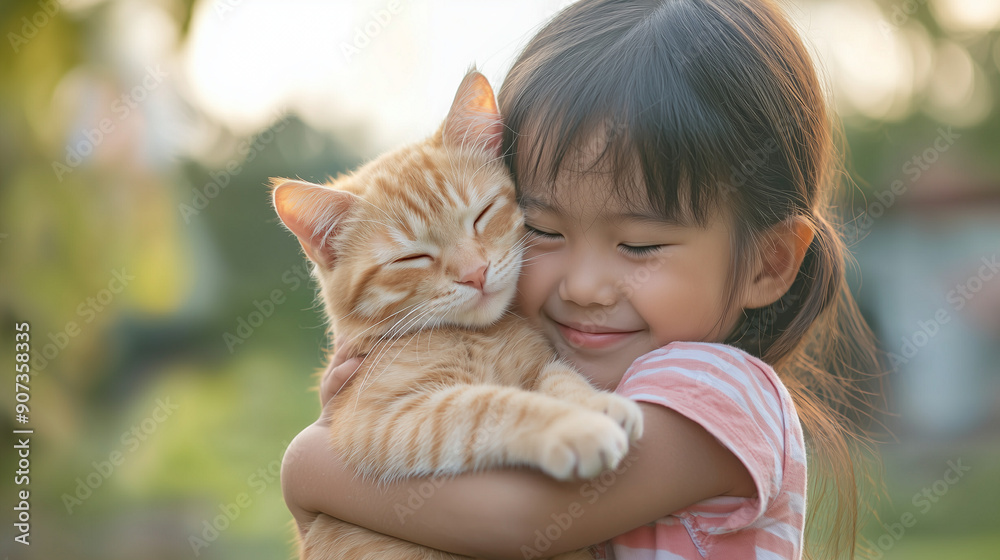 Girl, childhood, hugging, kitten, moment, feeling good and happy Girl, childhood, hugging, kitten, moment, feeling good and happy