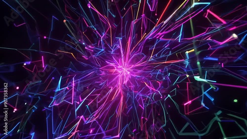 Close-up: Magenta light streaks converge in black cyberspace. Camera zooms towards kaleidoscopic focal point. 