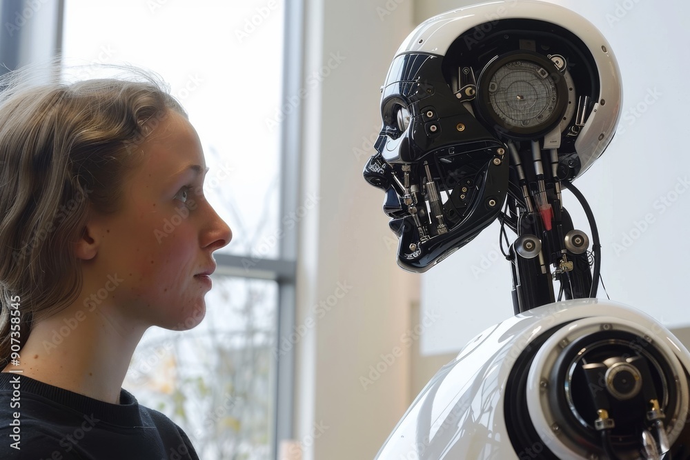 A person sitting on a sidewalk next to a robot, A robot and a human engaged in conversation, AI generated A person sitting on a sidewalk next to a robot, A robot and a human engaged in conversation, AI generated