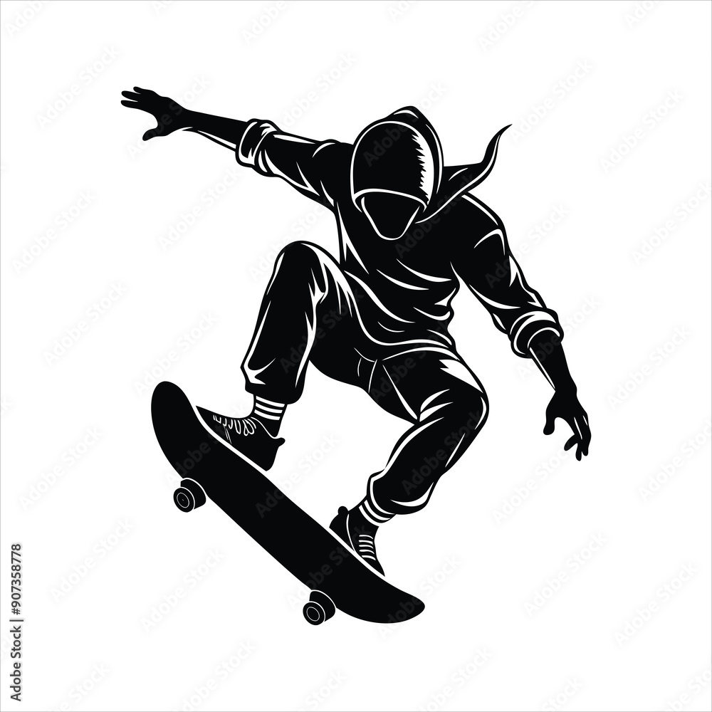 Fototapeta premium skateboarder performing a trick mid air black vector