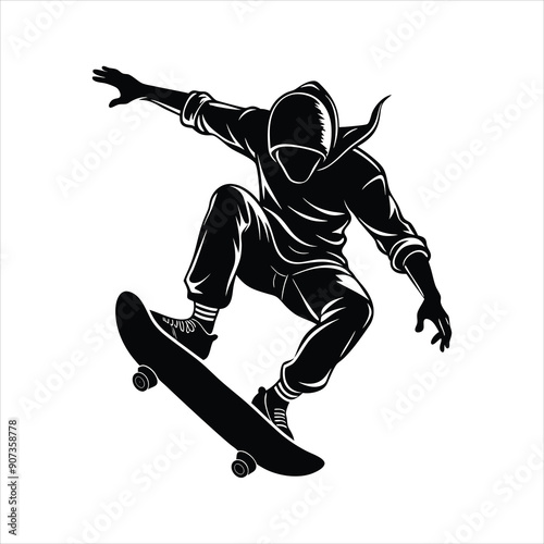 skateboarder performing a trick mid air black vector