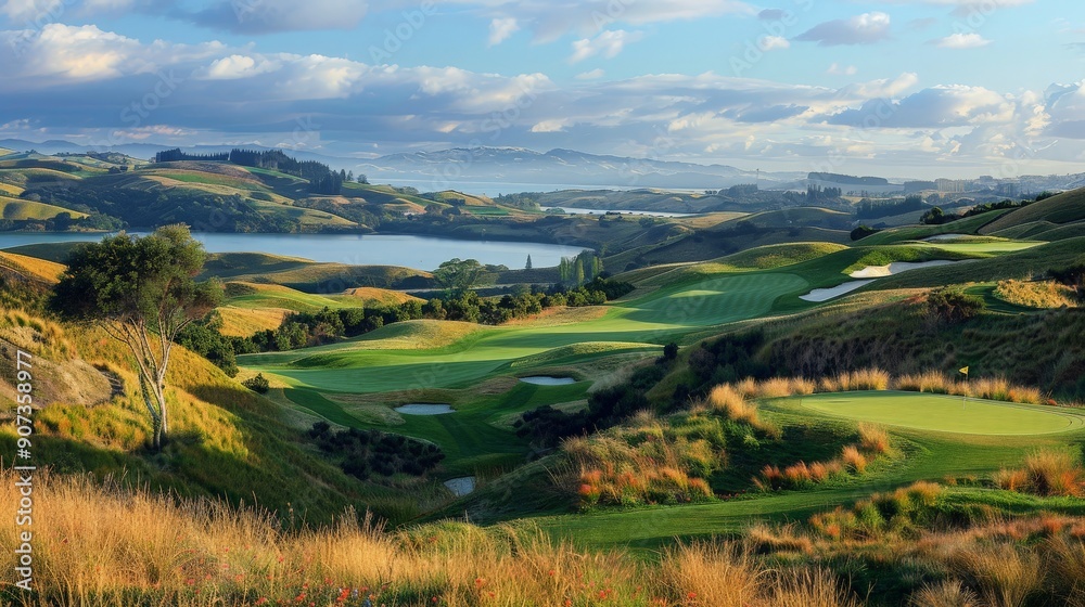 Obraz premium A golf course with rolling hills and a beautiful lake in the background