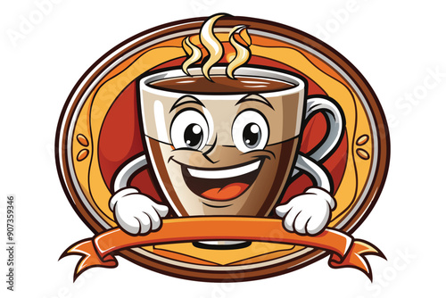 Cartoon coffee cup mascot holding a banner