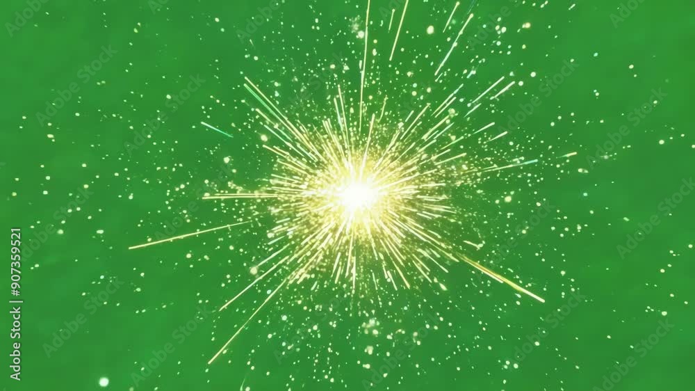 A beautiful explosion of glittering particles resembling a starburst in the night sky. Green screen chromakey