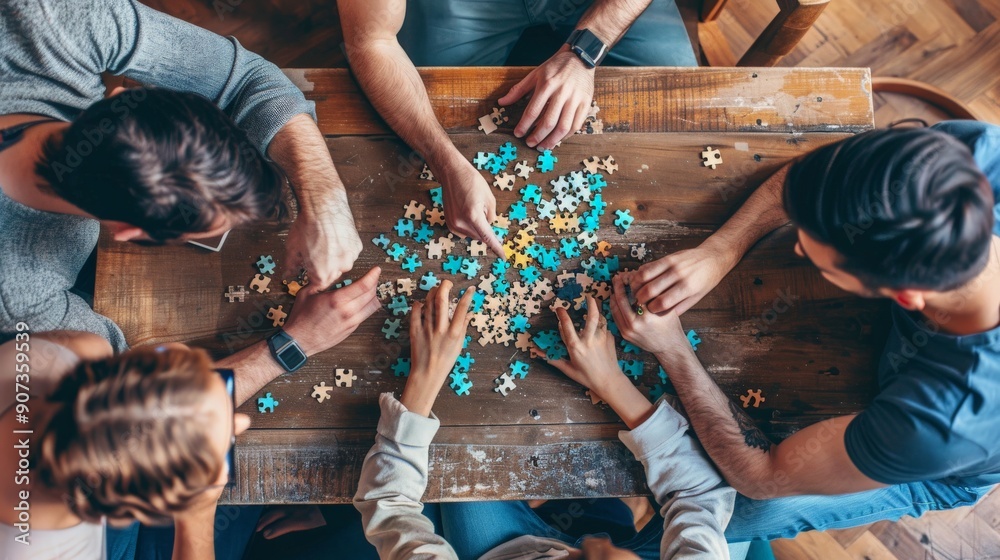 Obraz premium A group of coworkers working on a puzzle in the break room, symbolizing teamwork and relaxation