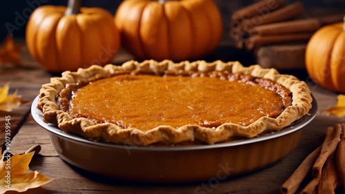 pumpkin pie with pumpkin ornaments on the wooden table