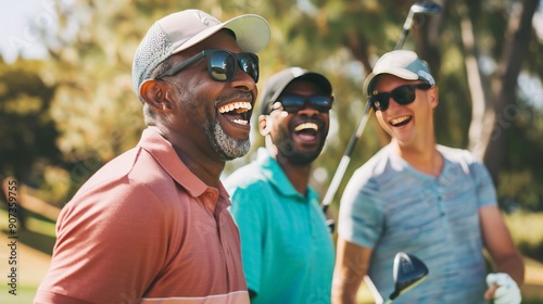 A group of friends enjoying a round of golf, laughing and having fun