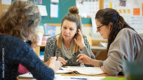 A group of teachers planning lessons together, sharing ideas and resources, dedicated and cooperative photo