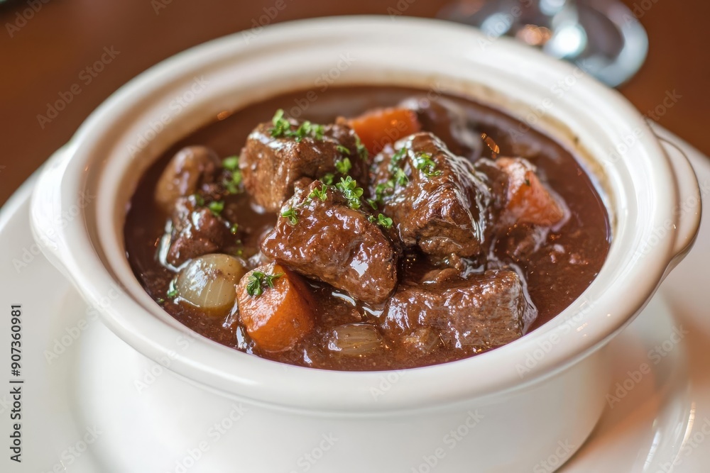 Boeuf Bourguignon France Beef stewed with red wine, carrots, onions, and mushrooms, resulting in a tender, flavorful stew Boeuf Bourguignon France Beef stewed with red wine, carrots, onions, and mushrooms, resulting in a tender, flavorful stew