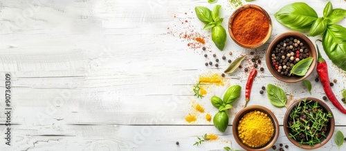 Spices and Herbs on Wooden Background