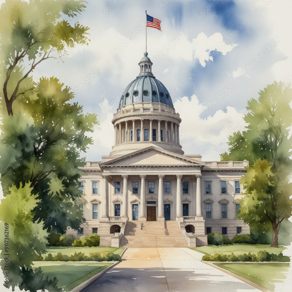 Naklejka premium Watercolor illustration of the Arkansas State Capitol in Little Rock. Capture the grandeur of the neoclassical building with its impressive dome and stately columns