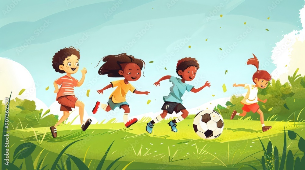 Obraz premium A playful illustration of kids playing soccer, energetic and joyful, green field --ar 16:9 --style raw Job ID: 6d81303d-bc20-488f-849f-d98468d509e4