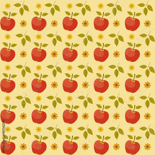 Vector seamless pattern with apples and flowers.