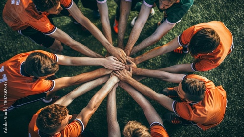 A sports team huddling together before a game, hands in the center, motivated and united