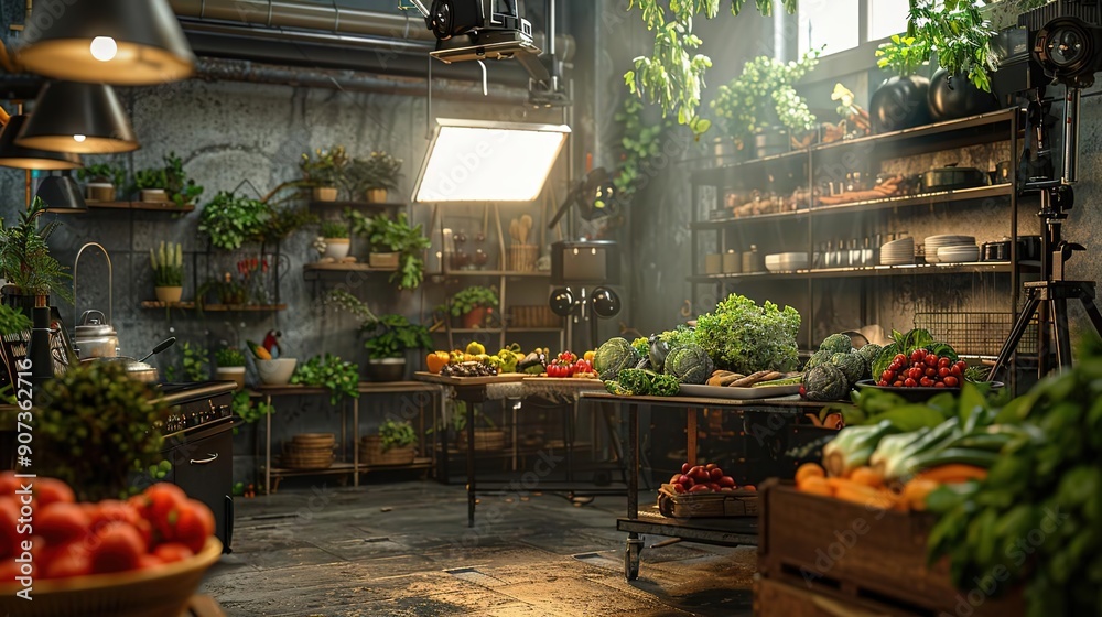 Rustic Kitchen Set with Fresh Produce and Industrial Lighting - 3D Render Rustic Kitchen Set with Fresh Produce and Industrial Lighting - 3D Render