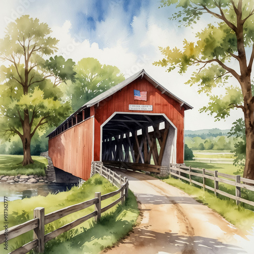 Watercolor illustration of the Bridges of Madison County in Winterset, Iowa. Capture the rustic charm of the historic wooden covered bridges set against the backdrop of the rolling countryside photo