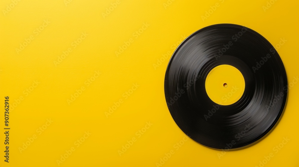 A vinyl record on a yellow background, ample spaced A vinyl record on a yellow background, ample spaced