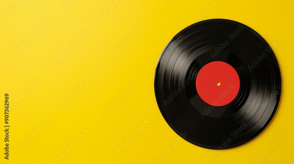 A vinyl record on a bright yellow backdrop, blank labeld A vinyl record on a bright yellow backdrop, blank labeld