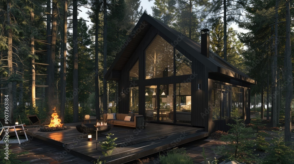A modern forest cabin with a dark wood exterior, large windows, and a deck with a fire pit and seating area surrounded by tall trees. A modern forest cabin with a dark wood exterior, large windows, and a deck with a fire pit and seating area surrounded by tall trees.