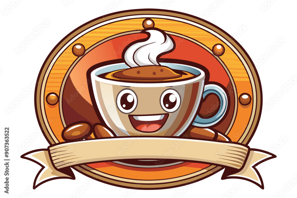 Cartoon Coffee Cup with Steaming Foam and Beans in a Wooden Frame Cartoon Coffee Cup with Steaming Foam and Beans in a Wooden Frame